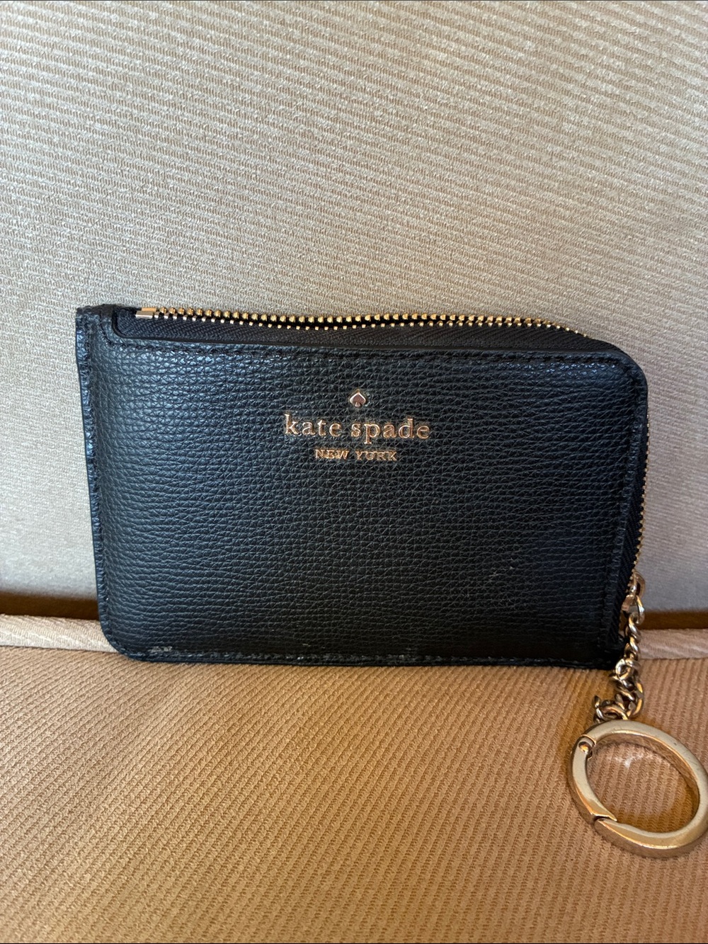kate spade Black Pebbled Leather Zip Card Holder with Gold Key Ring